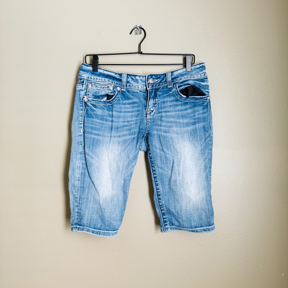 Miss Me Bermuda Denim Shorts Women's 31 Light Wash Rhinestone Studded Y2K 12"